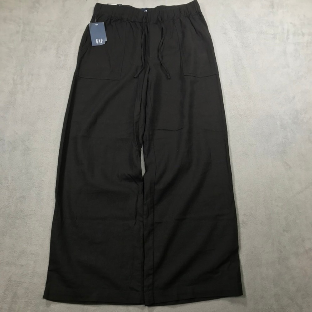 Gap Wide Leg Pants Womens Medium Black Linen Rayon Blend Drawstring Pockets NEW